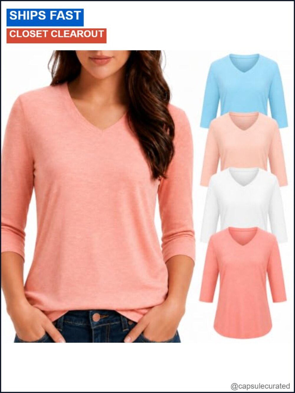 4-Pack Plus Size 3/4 Sleeve V-Neck T-Shirts Women's Casual Loose Fit Pull On